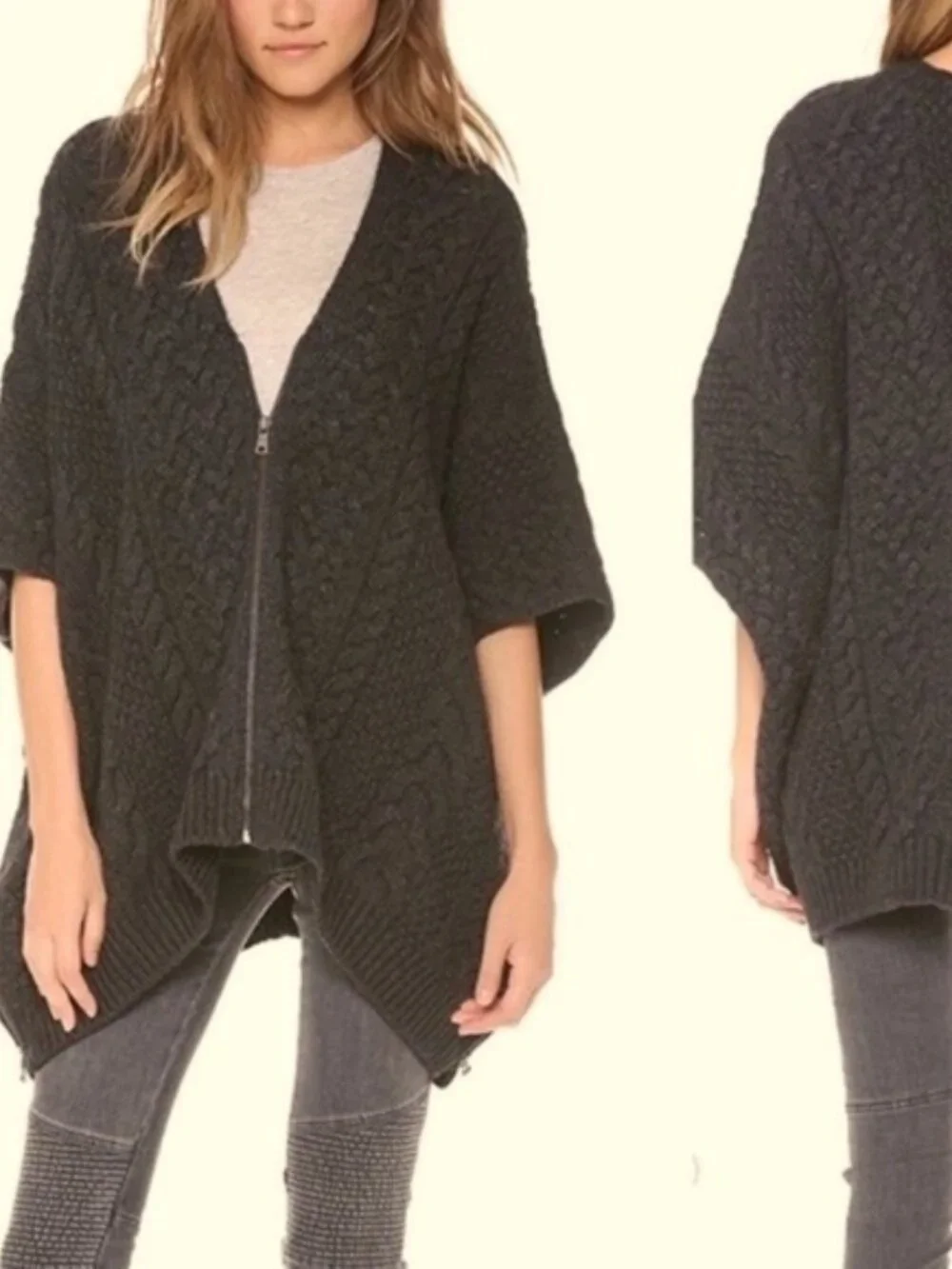 VINCE Cable-Knit Zip-Up Poncho Cape Sweater Side-Zipper Cotton Wool Cashmere